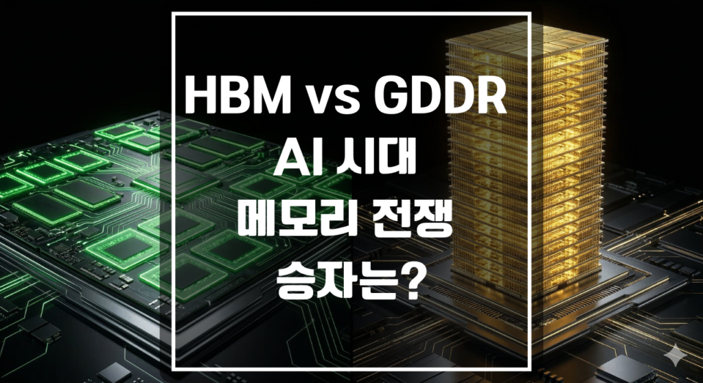 HBM과 GDDR 차이를 직관적으로 비교하는 평면 메모리 구조와 3D 적층 메모리 구조 3D 시각화 일러스트
