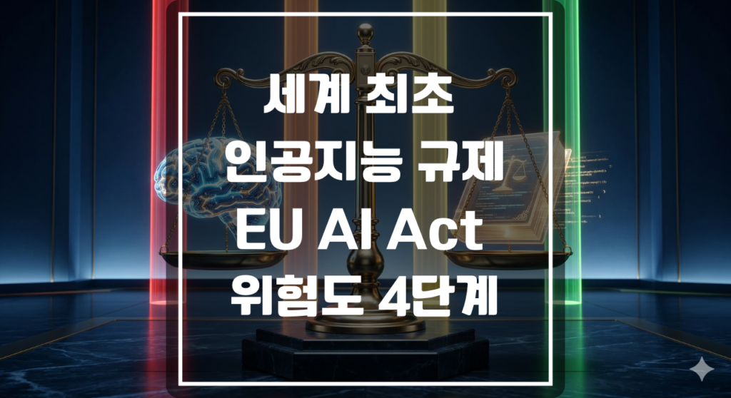 EU AI Act 위험도 4단계를 상징하는 인공지능 두뇌와 법전이 올려진 저울 3D 일러스트