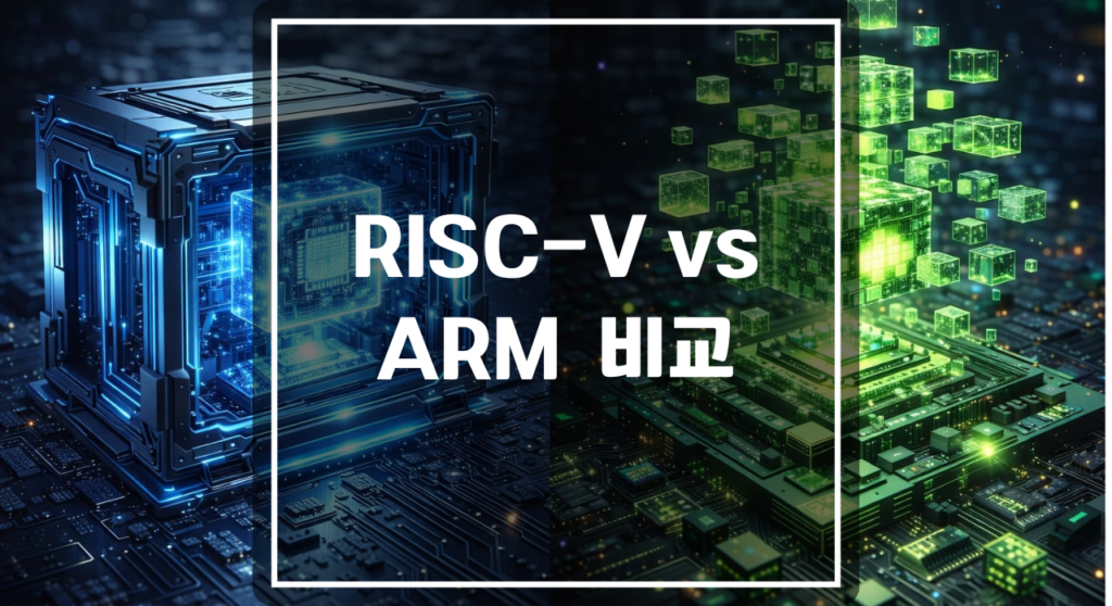 RISC-V와 ARM 차이를 직관적으로 비교하는 폐쇄형 구조와 모듈식 오픈소스 구조의 3D 반도체 일러스트